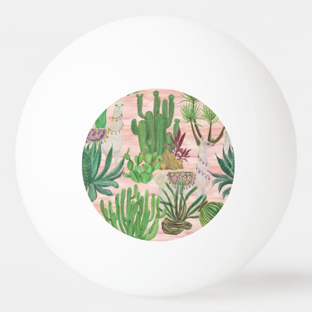 Pelota De Ping Pong Llamas acuarelas y patrones de cactus. (Anverso)