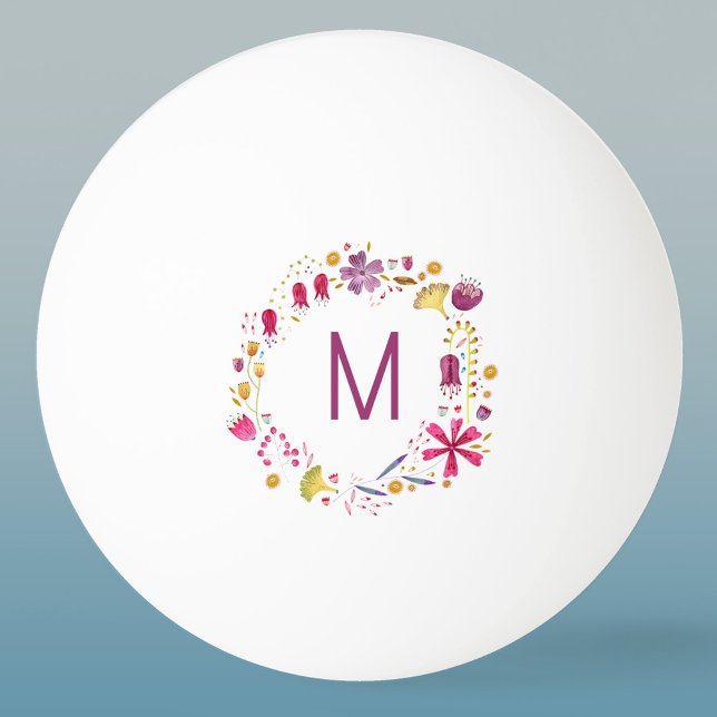 Pelota De Ping Pong Monograma moderno de flor acuática (Modern monogram initial personalized watercolor wildflower floral ping pong ball)