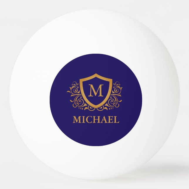 Pelota De Ping Pong Monograma personalizado azul marino y oro (Anverso)
