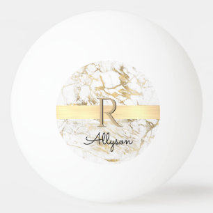 Pelota De Ping Pong Nombre y Monograma, barra dorada, mármol blanco y