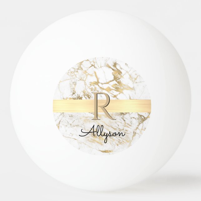 Pelota De Ping Pong Nombre y Monograma, barra dorada, mármol blanco y  (Anverso)