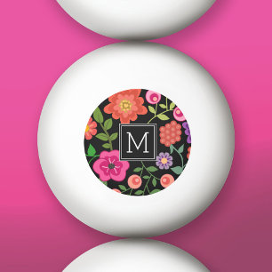 Pelota De Ping Pong Patrón floral negro de moda con monograma Personal