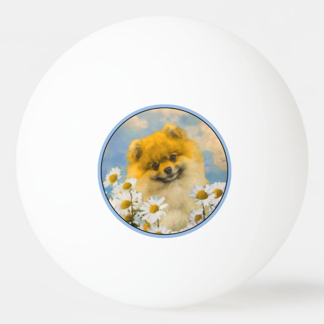 Pelota De Ping Pong Pomerania en pintura de Daisies - Arte de perro or (Anverso)