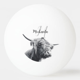 Pelota De Ping Pong Retrato de vaca Highland monograma inicial blanco 