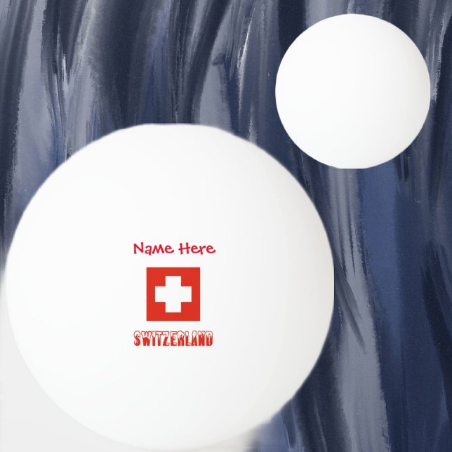 Pelota De Ping Pong Suiza y la bandera suiza roja personalizada (Ping pong ball with Swiss flag and word SWITZERLAND below in snow-capped letters. Above add a name.)