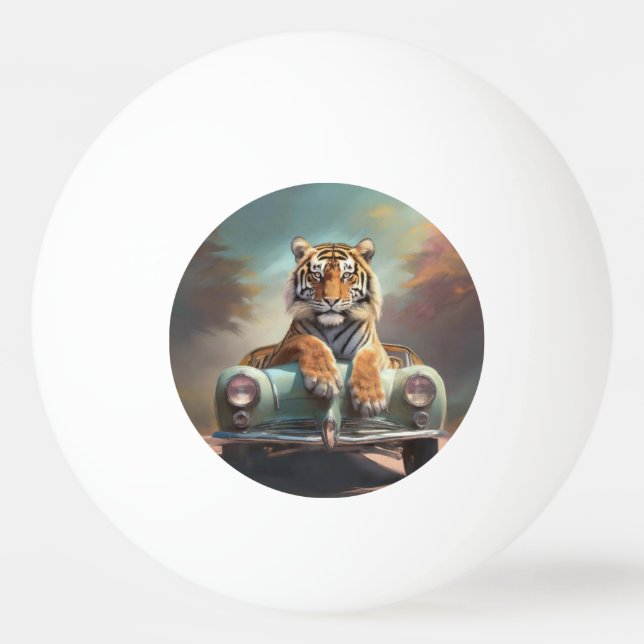Pelota De Ping Pong Tiger sitting on a sports car  (Anverso)