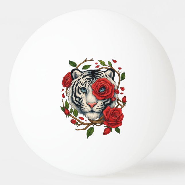 Pelota De Ping Pong Tigre blanco con rosas rojas - Floral de vida salv (Anverso)