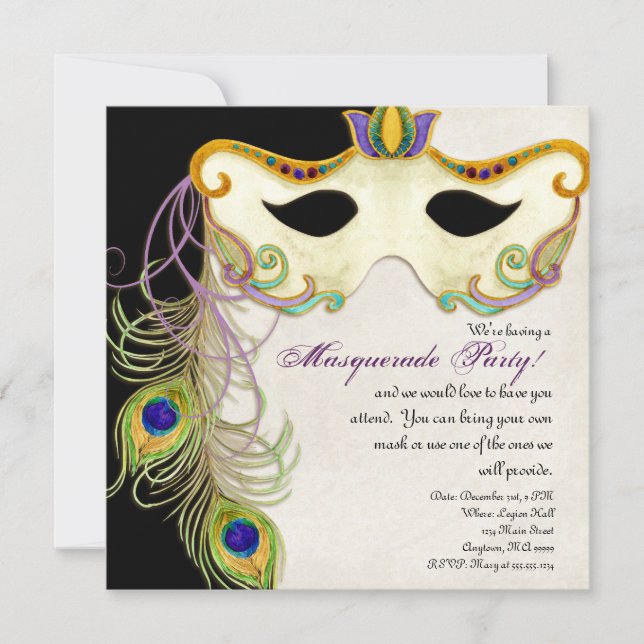 Pelota mascarada de pavo real - Invitación de fies (Anverso)