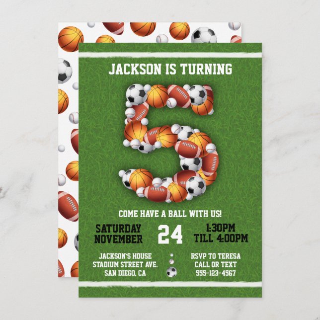 Pelotas con temas deportivos 5ª invitación a fiest (Anverso / Reverso)