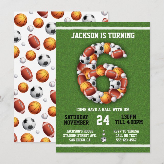 Pelotas con temas deportivos 6ª invitación a fiest (Anverso / Reverso)