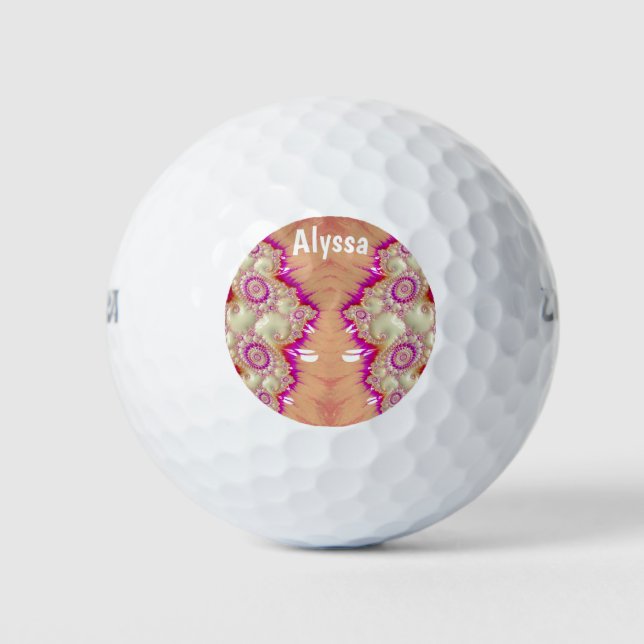Pelotas De Golf ALYSSA ~ Diseño fractal de crema roja rosada ~ (Anverso)