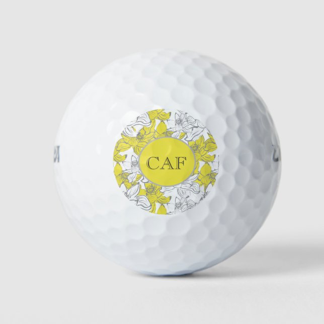 Pelotas De Golf Amarillo y gris floreado con monograma  (Anverso)