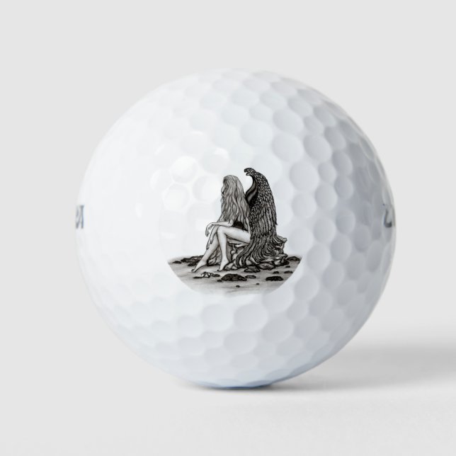 Pelotas De Golf Ángel, perdido en el pensamiento, diseño blanco y  (Anverso)