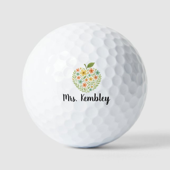 Pelotas De Golf Apple Teacher name Personalized Floral Apple (Anverso)