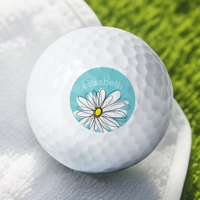 Pelotas De Golf Aqua y Yellow Whimsical Daisy Personalizado Textos (Add Your Name to this Personalized Golf Ball)