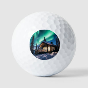 Pelotas De Golf Aurora borealis sobre la cabaña de invierno