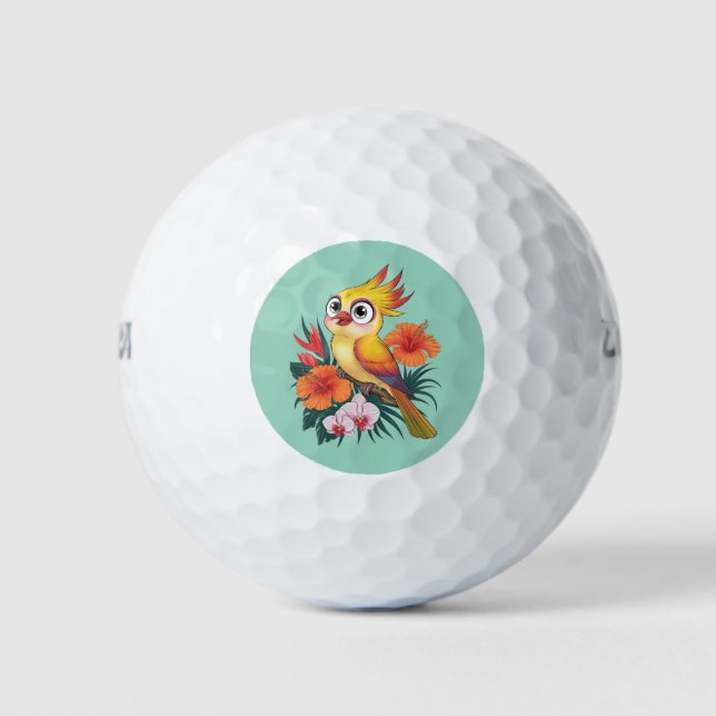 Pelotas De Golf Aves amarillas adorables con flores (Anverso)