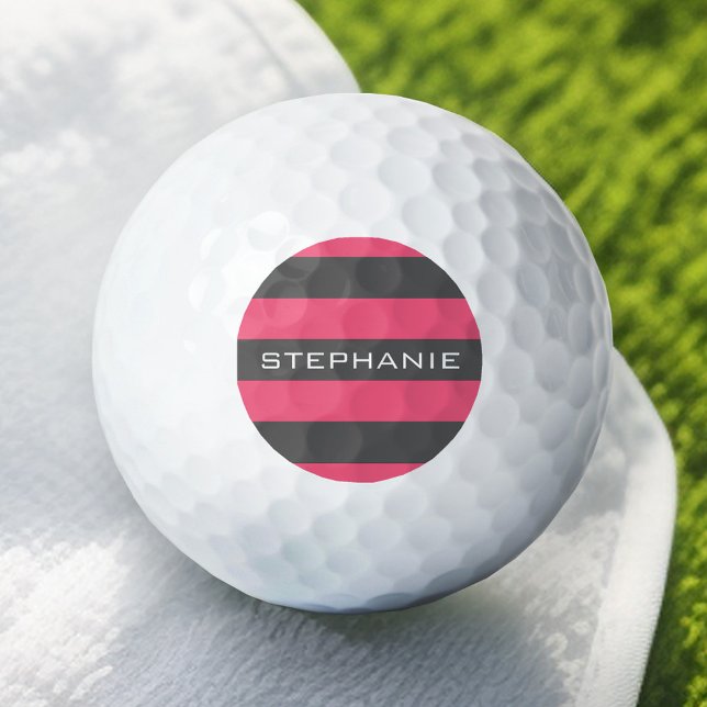 Pelotas De Golf Bandas de rugby rosadas y grises vibrantes con nom (Personalized Golf Ball - Add Your Name)