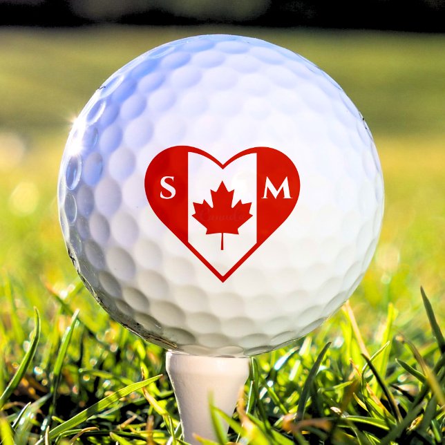 Pelotas De Golf Bandera canadiense del corazón rojo y blanco (canada canadian flag maple leaf heart shape monogram initials golf ball)