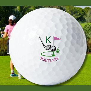 Pelotas De Golf Bandera de monograma de nombre personalizado rosa