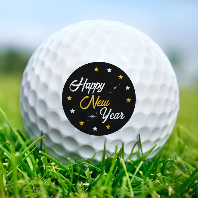 Pelotas De Golf Blanco negro y oro Feliz Año Nuevo (Black White & Gold Happy New Year Golf Balls)