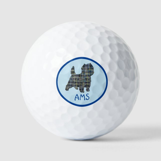 Pelotas De Golf Cairn Terrier Dog Silhouette Monogram Grid Blue (Anverso)