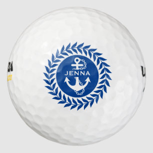 Pelotas De Golf Círculo floral azul y blanco y ancla náutica