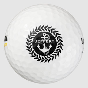 Pelotas De Golf Círculo floral blanco y negro y ancla náutica