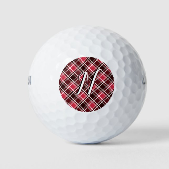 Pelotas De Golf Clásico Personalizado Monograma Rojo Tartán Plaid (Anverso)