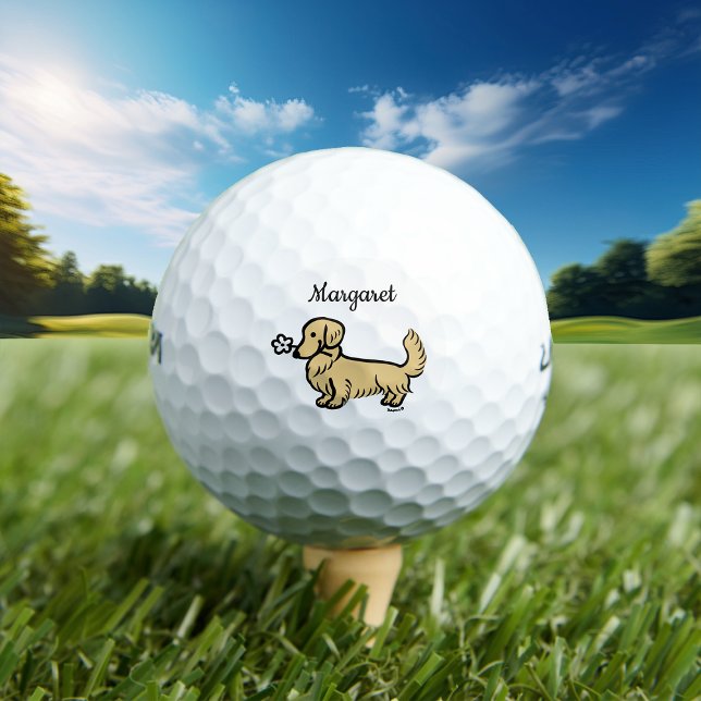 Pelotas De Golf Crema personalizada y larga duración de Dachshund (Cream Long Haired Dachshund Tiny Flower Golf Balls for Doxie owners.  Cute Dog Cartoon Design.)