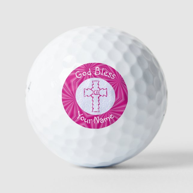 Pelotas De Golf Cruz cristiana de Zig Zag rosa personalizada (Anverso)