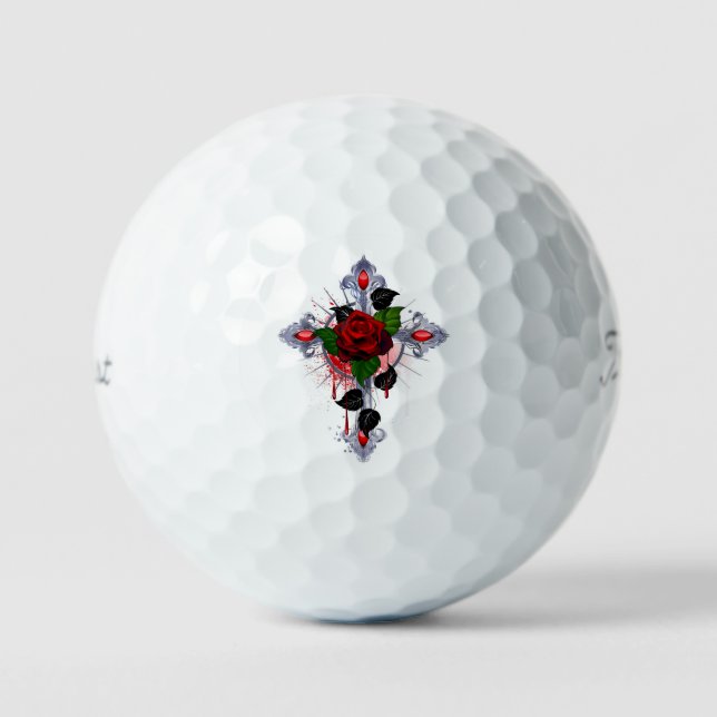 Pelotas De Golf Cruz de Plata con una Rosa Roja (Anverso)