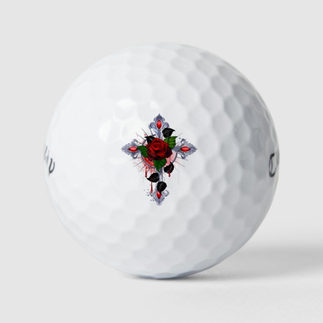Pelotas De Golf Cruz de Plata con una Rosa Roja (Anverso)