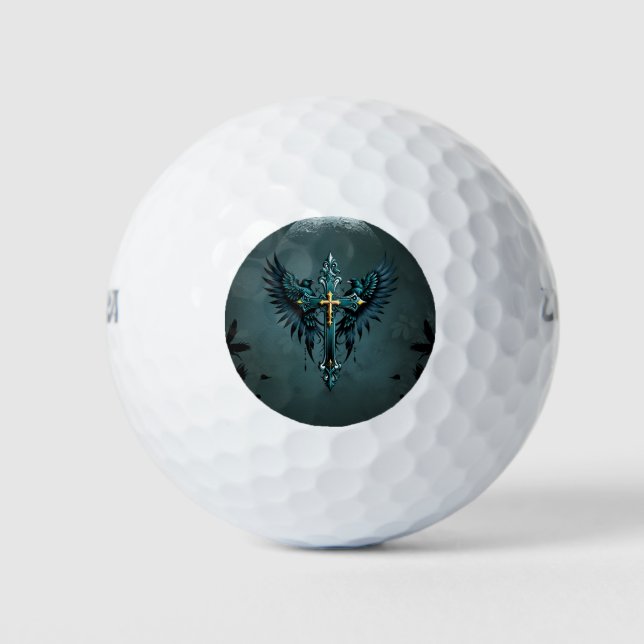 Pelotas De Golf Cruz gótica con elementos decorativos y aves. (Anverso)