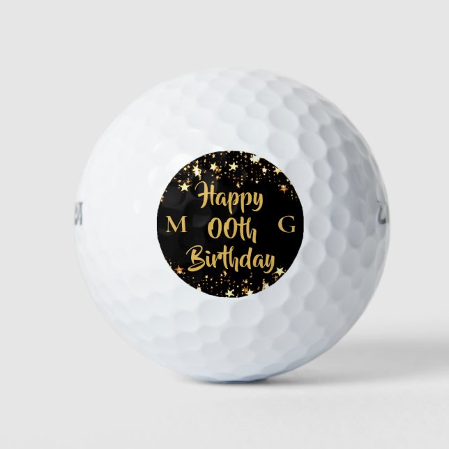 Pelotas De Golf Cualquier edad cumpleaños Monograma Black Gold Sta (Anverso)