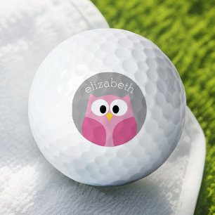 Pelotas De Golf Cute Cartoon Owl - Pink and Gray Custom Name