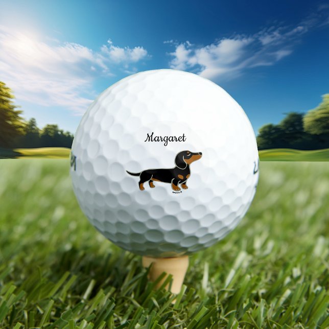Pelotas De Golf Dachshund de pelo liso y negro personalizado (Black and Tan Smooth Haired Dachshund Golf Balls for Doxie owners.  Cute cartoon Dachshund design.)