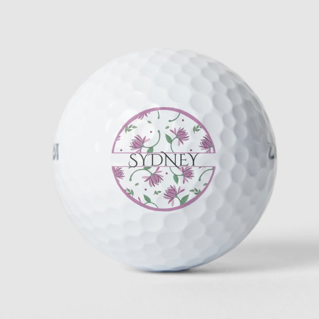 Pelotas De Golf Damas personalizadas de morada floral (Anverso)