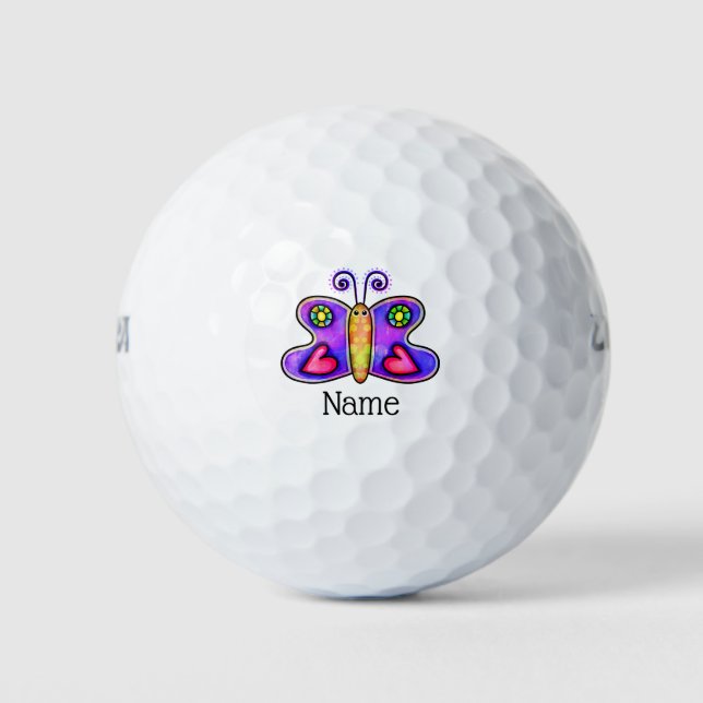 Pelotas De Golf Doodle morado de mariposa con nombre (Anverso)