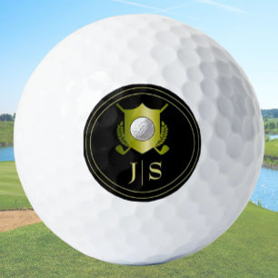 Pelotas De Golf Elegante Moderno Crest Monogramado en Negro y Dora