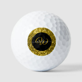 Pelotas De Golf Elegante monograma oro nombre purpurina negro
