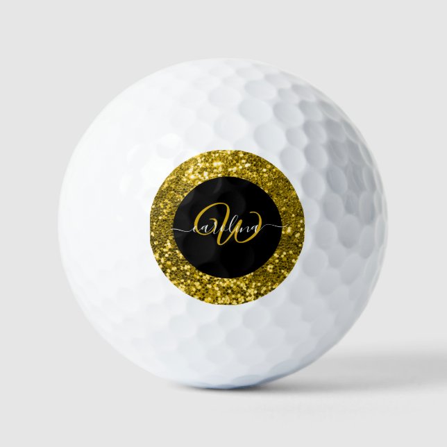 Pelotas De Golf Elegante monograma oro nombre purpurina negro (Anverso)
