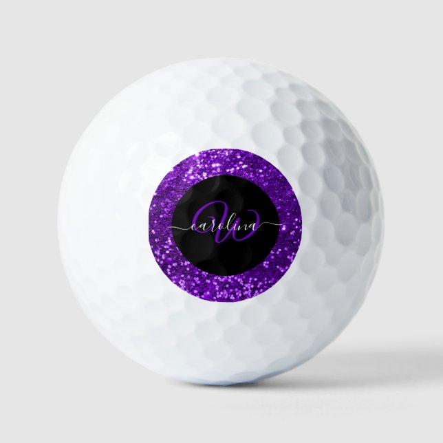 Pelotas De Golf Elegante monograma purpurina púrpura nombre negro (Anverso)