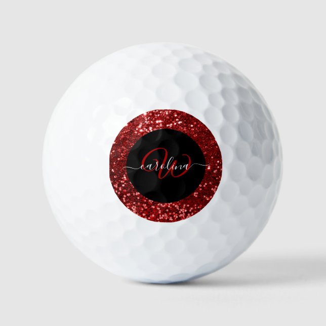 Pelotas De Golf Elegante monograma purpurina rojo nombre negro (Anverso)
