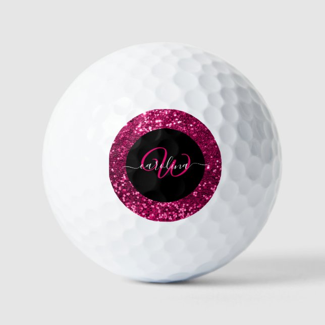 Pelotas De Golf Elegante monograma purpurina rosa nombre negro (Anverso)