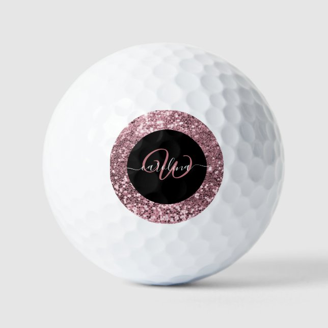 Pelotas De Golf Elegante monograma rosa oro purpurina nombre negro (Anverso)