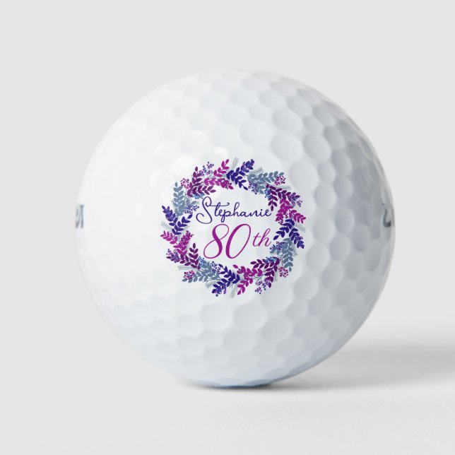 Pelotas De Golf Elegante morado rosa Wreath 80 cumpleaños (Anverso)