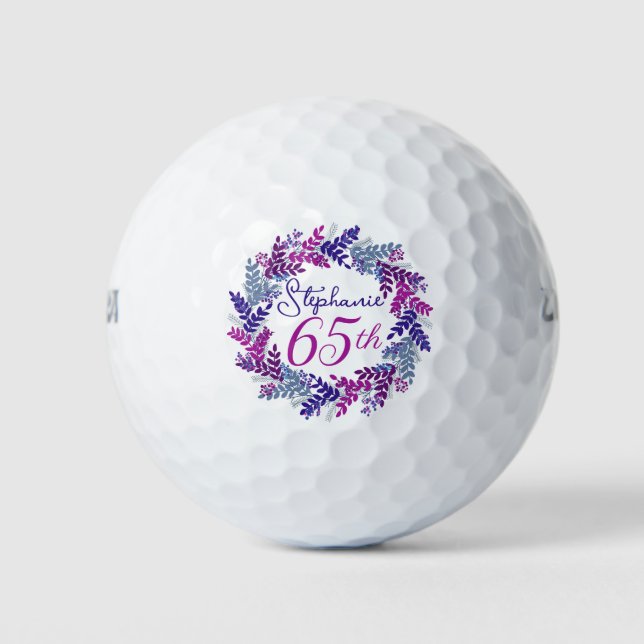Pelotas De Golf Elegante morado rosa Wreath cumpleaños 65 (Anverso)