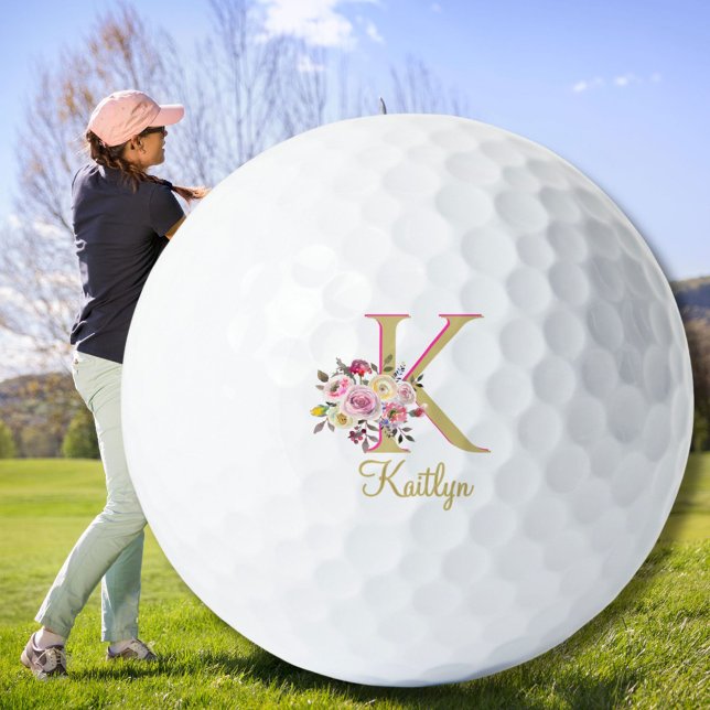 Pelotas De Golf Elegante Personalizado dorado floral rosa Monogram (Subido por el creador)