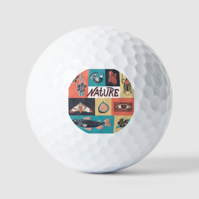 Pelotas De Golf Elementos Naturales, Iconos De Estilo Retro. (Anverso)